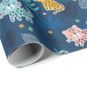 ジャングルの葉が青いかわいいヒョウ ラッピングペーパー (ロールコーナー)