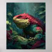 ジャングルの葉に咲く赤い緑の黄色いトカゲの竜 ポスター (正面)