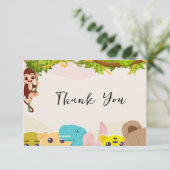 ジャングルの葉をテーマにしたサルの柔らかいおもちゃのベビーシャワー サンキューカード (スタンド正面)