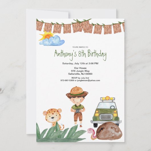 ジャングルの誕生日のジープとの男の子のサファリ 招待状 (正面)