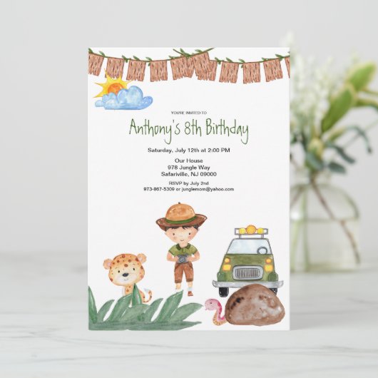 ジャングルの誕生日のジープとの男の子のサファリ 招待状 (スタンド正面)