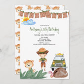 ジャングルの誕生日のジープとの男の子のサファリ 招待状 (正面/裏面)