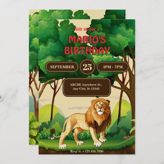 ジャングルの誕生日のライオンの王 招待状 (正面/裏面)