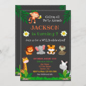 ジャングルの誕生日の招待パーティー動物招待状 招待状 (正面/裏面)