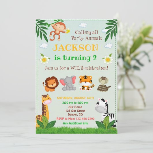 ジャングルの誕生日の招待パーティー動物招待状 招待状 (スタンド正面)