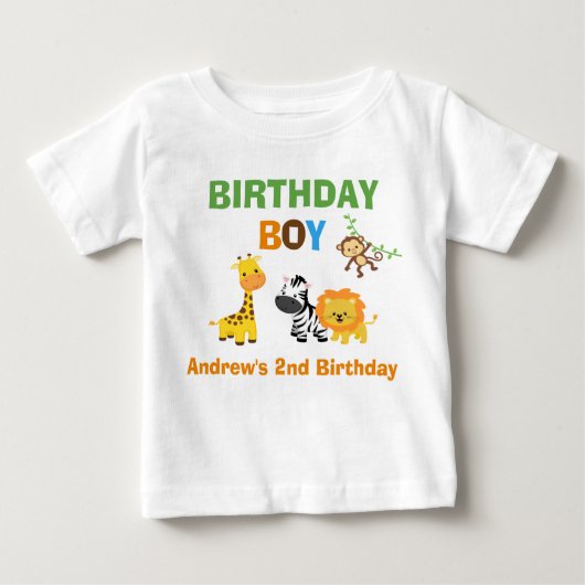 ジャングルの誕生日のTシャツの幼児のベビーの子供のサファリ ベビーTシャツ (正面)