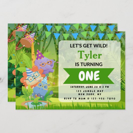 ジャングルの誕生日パーティーへの招待 招待状 (正面/裏面)