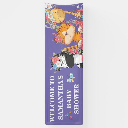 ジャングルの赤ちゃんがかわいい赤ちゃんの動物を紫のサファリにシャワー 横断幕 (縦)