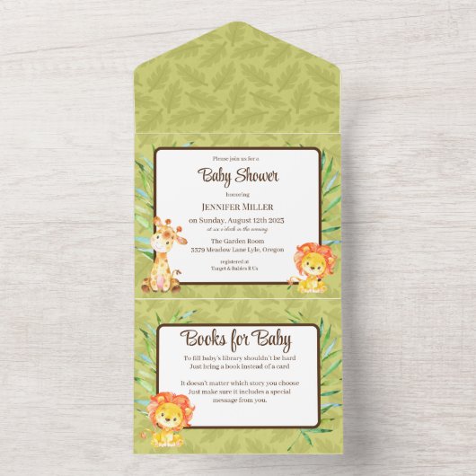 ジャングルの赤ちゃんシャワーと本すべて一つの招待状 オールインワン招待状 (内側)