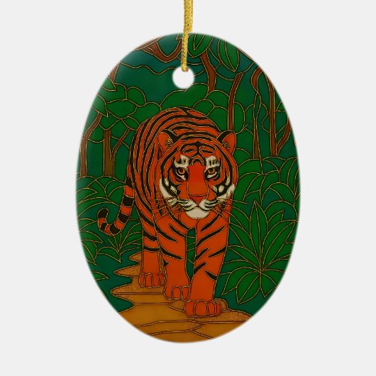 ジャングルの道を行く七宝焼のトラ セラミックオーナメント (正面)