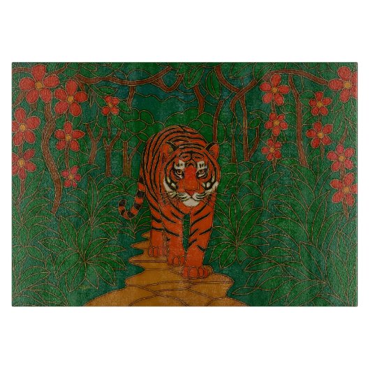 ジャングルの道を行く七宝焼の虎 カッティングボード (正面)