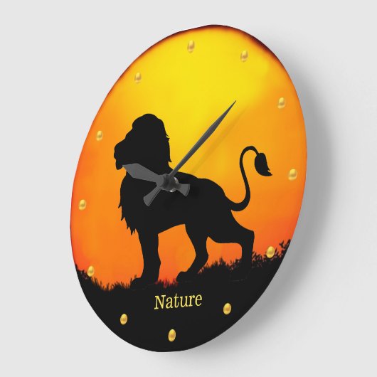 ジャングルの野生のライオン、ゴールデンドット&日の出 ラージ壁時計 (傾斜)