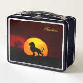 ジャングルの野生のライオン、日の出&書道 メタルランチボックス (正面)