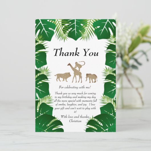 ジャングルの野生の1歳の誕生日動物ありがとう サンキューカード (スタンド正面)