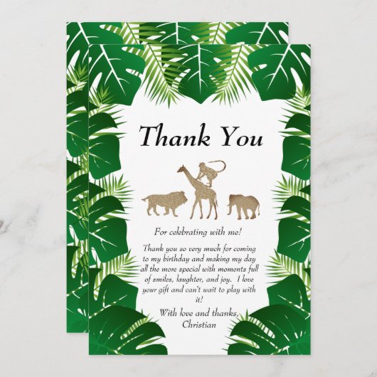 ジャングルの野生の1歳の誕生日動物ありがとう サンキューカード (正面/裏面)