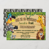 ジャングルの野生動物第一誕生日 招待状 (正面/裏面)