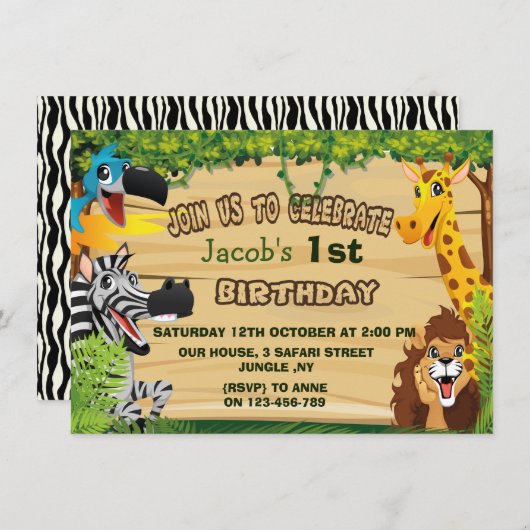 ジャングルの野生動物第一誕生日 招待状 (正面/裏面)