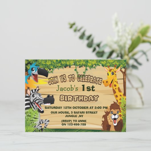 ジャングルの野生動物第一誕生日 招待状 (スタンド正面)