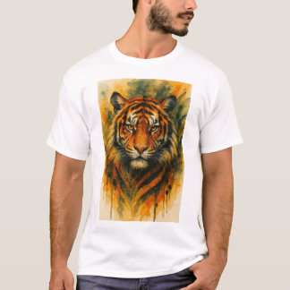 ジャングルの野生動物 - 激しい水彩画の虎の顔 Tシャツ