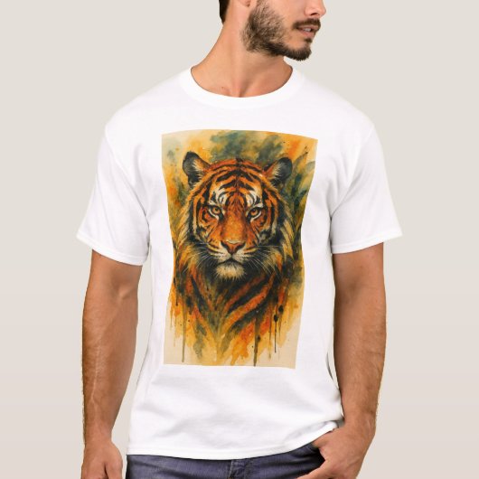 ジャングルの野生動物 - 激しい水彩画の虎の顔 Tシャツ (正面)