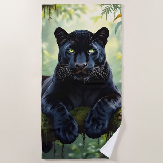 ジャングルの黒いヒョウ ビーチタオル (正面)