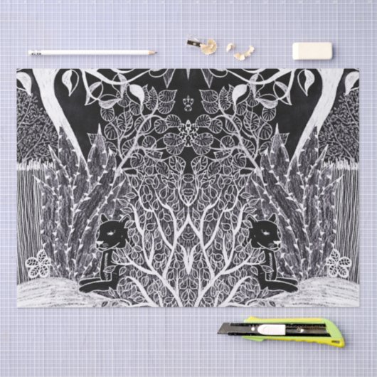 ジャングルの黒豹 - 鉛筆画 薄葉紙 (クラフト)