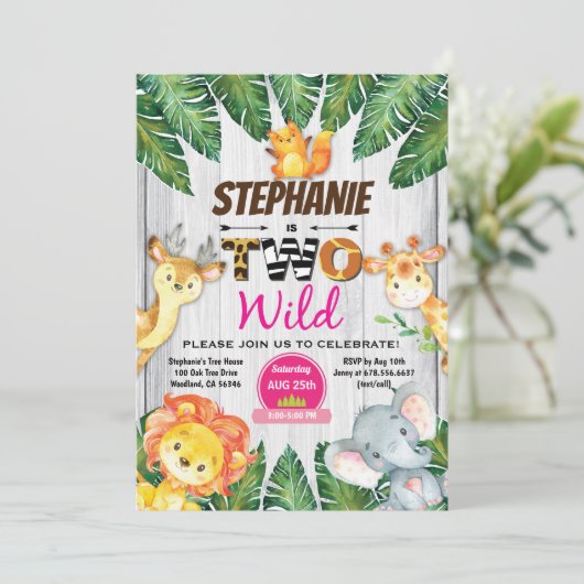 ジャングルの2番目の誕生日の招待ガールサファリ動物園2 招待状 (スタンド正面)