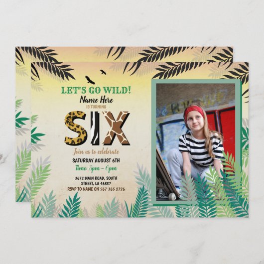 ジャングルの6歳の誕生日パーティー6のサファリ動物園の写真 招待状 (正面/裏面)