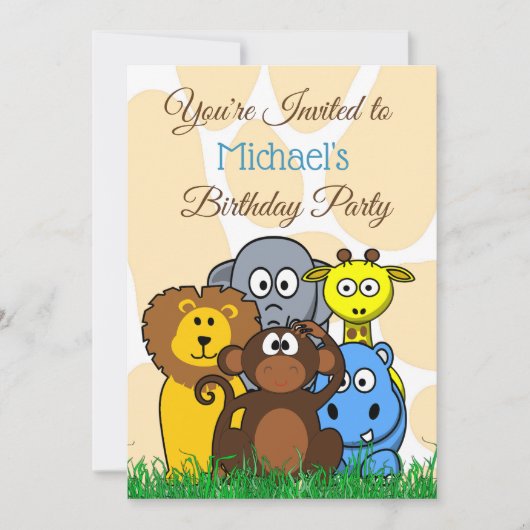 ジャングルまたは動物園の動物をテーマにした誕生日パーティー招待状 招待状 (正面)