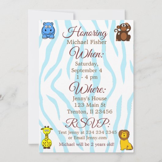ジャングルまたは動物園の動物をテーマにした誕生日パーティー招待状 招待状 (裏面)
