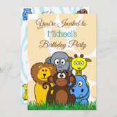 ジャングルまたは動物園の動物をテーマにした誕生日パーティー招待状 招待状 (正面/裏面)