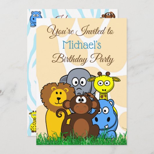 ジャングルまたは動物園の動物をテーマにした誕生日パーティー招待状 招待状 (正面/裏面)
