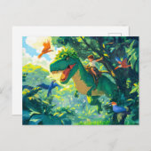 ジャングルや鳥でTレックスに乗るアニメ少年 シーズンポストカード (正面/裏面)