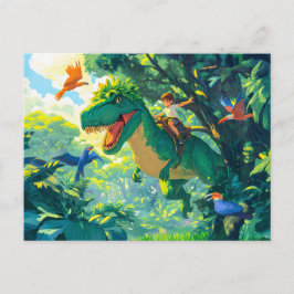 ジャングルや鳥でTレックスに乗るアニメ少年 シーズンポストカード
