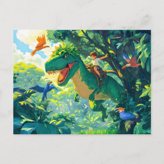 ジャングルや鳥でTレックスに乗るアニメ少年 シーズンポストカード (正面)