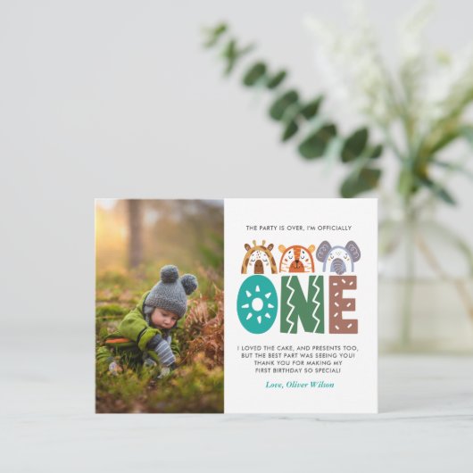 ジャングルをテーマにした第1回バースデーありがとうはがき ポストカード (スタンド正面)