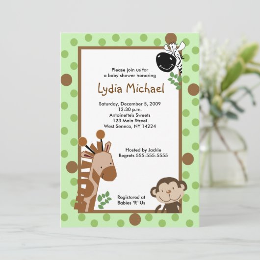 ジャングルアドベンチャーグリーンサファリ赤ちゃんシャワー5x7 招待状 (スタンド正面)