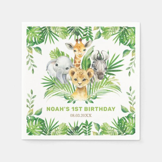 ジャングルアニマルグリーンライオンゼブラ誕生日パーティー スタンダードカクテルナプキン (正面)