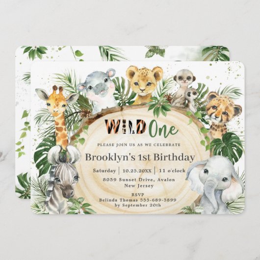ジャングルアニマルグリ離れーン生誕生日祝い 招待状 (正面/裏面)