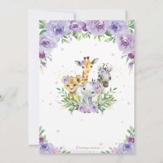 ジャングルアニマルサファリパープルフローラベビーシャワー サンキューカード (裏面)