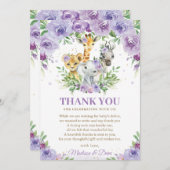 ジャングルアニマルサファリパープルフローラベビーシャワー サンキューカード (正面/裏面)