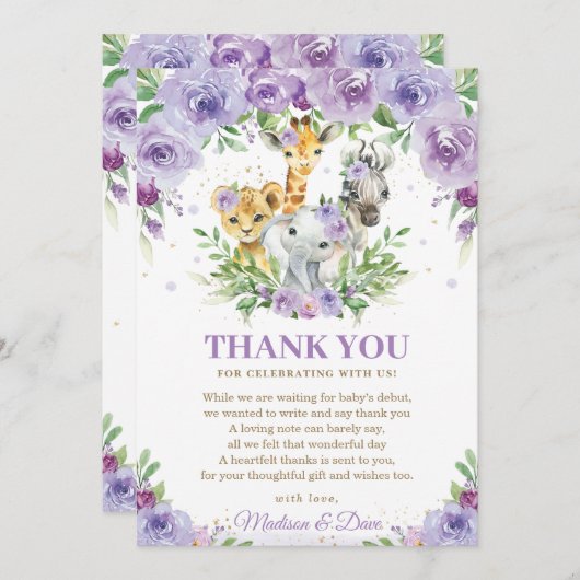 ジャングルアニマルサファリパープルフローラベビーシャワー サンキューカード (正面/裏面)