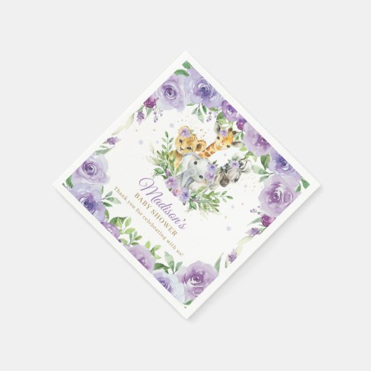 ジャングルアニマルサファリパープルフローラベビーシャワー スタンダードカクテルナプキン (角)