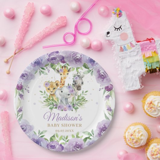 ジャングルアニマルサファリパープルフローラベビーシャワー ペーパープレート (パーティー)