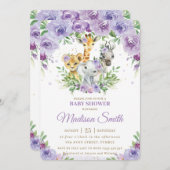 ジャングルアニマルサファリパープルフローラ赤ちゃんシャワー 招待状 (正面/裏面)