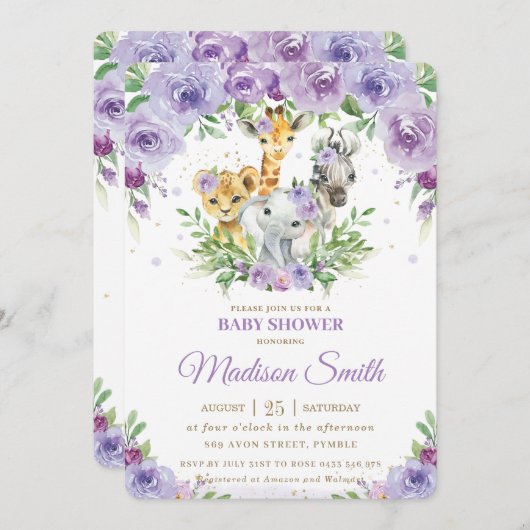 ジャングルアニマルサファリパープルフローラ赤ちゃんシャワー 招待状 (正面/裏面)