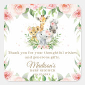 ジャングルアニマルサファリピンクフローラガールベビーシャワー スクエアシール (正面)