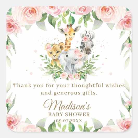 ジャングルアニマルサファリピンクフローラガールベビーシャワー スクエアシール (正面)
