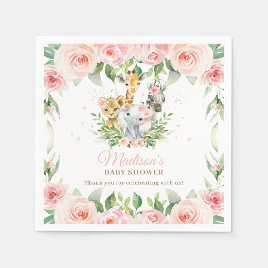 ジャングルアニマルサファリピンクフローラガールベビーシャワー スタンダードカクテルナプキン (正面)