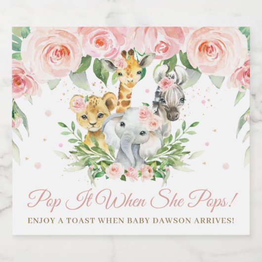 ジャングルアニマルサファリピンクフローラガールベビーシャワー スパークリングワインラベル (シングルラベル)